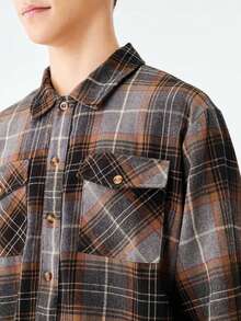 SHEIN 1pc Vintage Distressed Plaid Shirt For Teenage Boys, American Streetwear Style, Retro Checkered Button-Down Collared Shirt With Pockets, Suitable For School, Travel, Daily Wear, Skateboarding, Music Festivals, Clean Fit - Multicolor - View 5