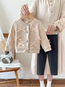 SHEIN Baby Girl Infant Toddler Newborn 0-3 Years Old Autumn/Winter Fashion Knitted Fuzzy Ribbed Bow Cardigan Jacket + Leggings Pants 2-Piece Outfit Set Fall