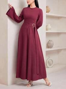 Veilorie 系带收腰装饰纽扣棉麻舒适复古日常休闲长袖连衣裙，秋季 - 酒紅色 - 查看 4