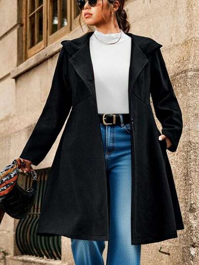 Calvaya 大码女装时尚热销秋冬百搭收腰A字长袖连帽黑色大衣