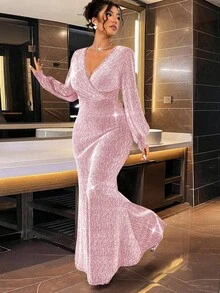 Cravure 闪亮水钻装饰腰部美人鱼连衣裙，优雅时尚，适合派对长款女装 - 粉色 - 查看 5