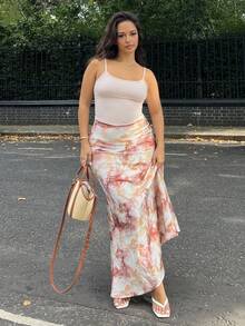 NegzBox 女士优雅百搭 A 字型中长裙，搭配圆点印花缎面长裙，女士服装 - 咖啡棕 - 查看 5