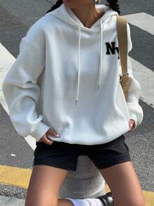 SHEIN EZwear Sudadera holgada con capucha y estampado del logo NY en estilo retro americano minimalista y casual, apropiada para otoño/invierno