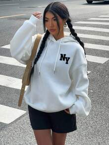 SHEIN EZwear Sudadera holgada con capucha y estampado del logo NY en estilo retro americano minimalista y casual, apropiada para otoño/invierno