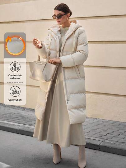 CLARA VERO Effortless Elegance – Long Beige Padded Coat With Cozy Hood / Soft Sophistication – Beige Hooded Puffer For Everyday Warmth Long Puffer Coat Long Winter Coat For Women Womens Winter Coats Puffer Jacket Women Long Hooded Puffer Coat