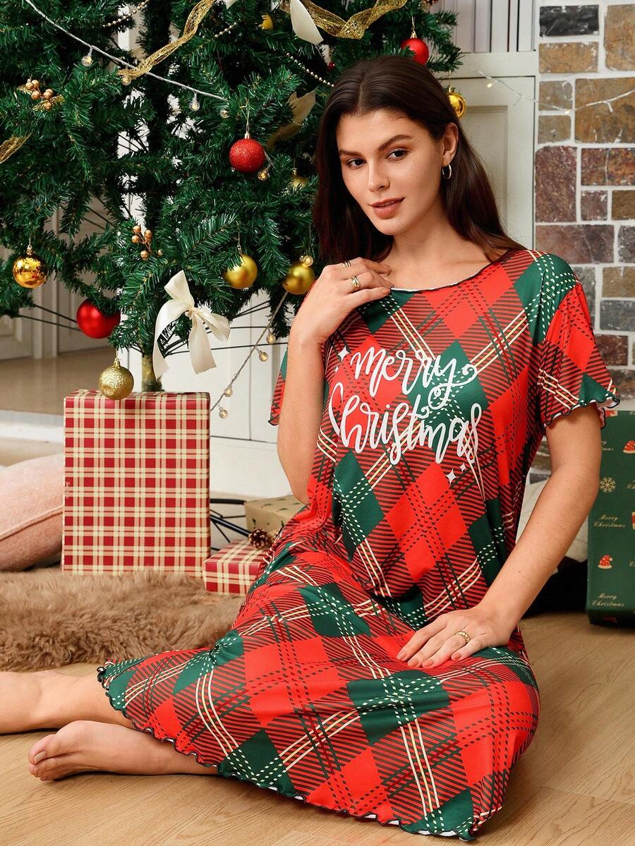 Women's Red Plaid Christmas Nightgown,Short Sleeve Contrast Trim Plaid Print Christmas Pajamas,Summer Cute Modest Sleep Sleepwear Holiday Nightgown - Multicolor - View 1