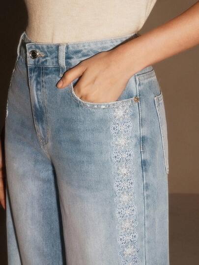 Anewsta 水洗蓝色蕾丝拼接阔腿裤，适合秋季、秋季、冬季、外出、优雅、正式、派对、别致、新年、女士冬装、圣诞节、工作、毕业、婚礼、女士冬装