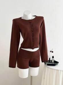 SHEIN Unity Women's Casual Cardigan And Folded Knit Shorts 2 Pieces Set, Autumn/Winter Brown Two Piece Set Fall Cloth For Women - Brown - View 3