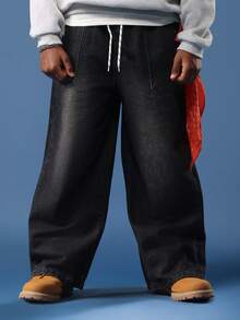 SUMWON 棉质青少年男童阔腿牛仔裤滑板风格经典原色牛仔宽松版型街头潮流休闲宽松裤四季日常下装宽松剪裁 - 黑色 - 查看 2