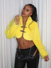 Y2K Amplova Casual Yellow Long-Sleeved Stand-Up Collar Chest Pu Leather Strap Sexy Super Short Women Faux Fur Coats In Fall/Winter - Yellow - View 5