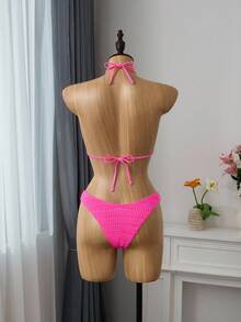 Bellisia Summer Beach Solid Halter Triangle Bikini Set - Hot Pink - View 2
