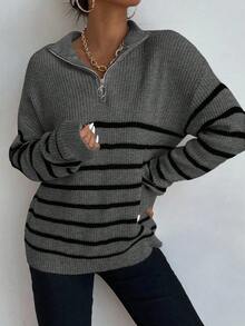 EMERY ROSE Women's Casual Loose Fit Dropped Shoulder Striped Pullover Sweater - Dark Grey - View 6