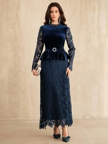 Anewsta Váy midi thanh lịch, sang trọng, phù hợp cho mùa thu, đông, năm mới, tiệc tùng, đám cưới - Xanh đậm - Xem 5