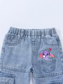 SHEIN Playful Pals 女嬰兔子印花工裝褲，可愛淺藍色丹寧直筒長褲，適合夏季返校與職業日，多口袋休閒款 - 淺色水洗藍 - 查看 5