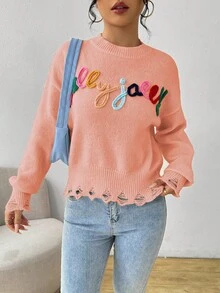 SHEIN LUNE Sweater Kasual Wanita dengan Bahu Longgar dan Kerah Bulat, Motif Huruf dan Grafis, Musim Gugur - Baby Pink - View 4