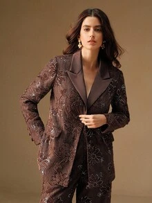 Anewsta Áo khoác blazer công sở thanh lịch đính sequin vai họa tiết - Cà phê nâu - Xem 5