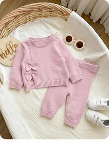 SHEIN Newborn Baby Girl Cute Autumn/Winter Casual Pink Bow Sweater & Elastic Waist Pants 2-Piece Set Fall