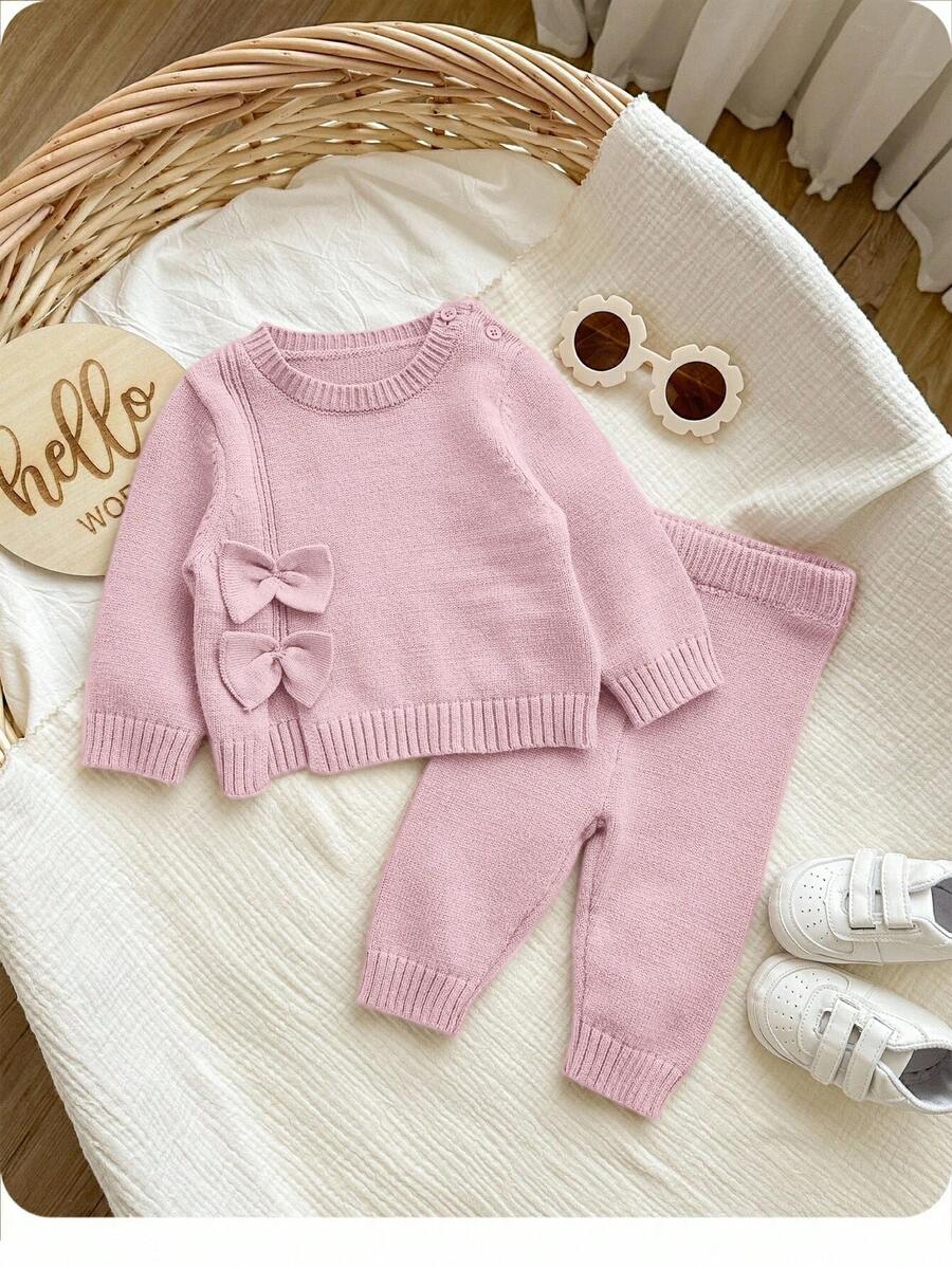 SHEIN Newborn Baby Girl Cute Autumn/Winter Casual Pink Bow Sweater & Elastic Waist Pants 2-Piece Set Fall