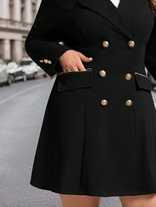 SHEIN Clasi Plus Size Elegant Vintage Lapel Waist Flared Dress Coat With Zipper Pockets, Elegant Black Double-Breasted Coat With Metal Buttons And Zipper Pockets, Waist-Cinched Jacket Dress, Chic Black Overcoat And Trench Style Jacket, Versatile Outerwear For Daily Wear, Office, Travel, Date Nights, And Party Looks, Must-Have Fall Winter Fashion, Anti-Theft Pocket Black Jacket Autumn - Black - View 6
