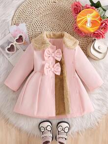 SHEIN 女婴仿毛领蝴蝶结装饰羊毛夹克，秋冬款 - 彩色 - 查看 8