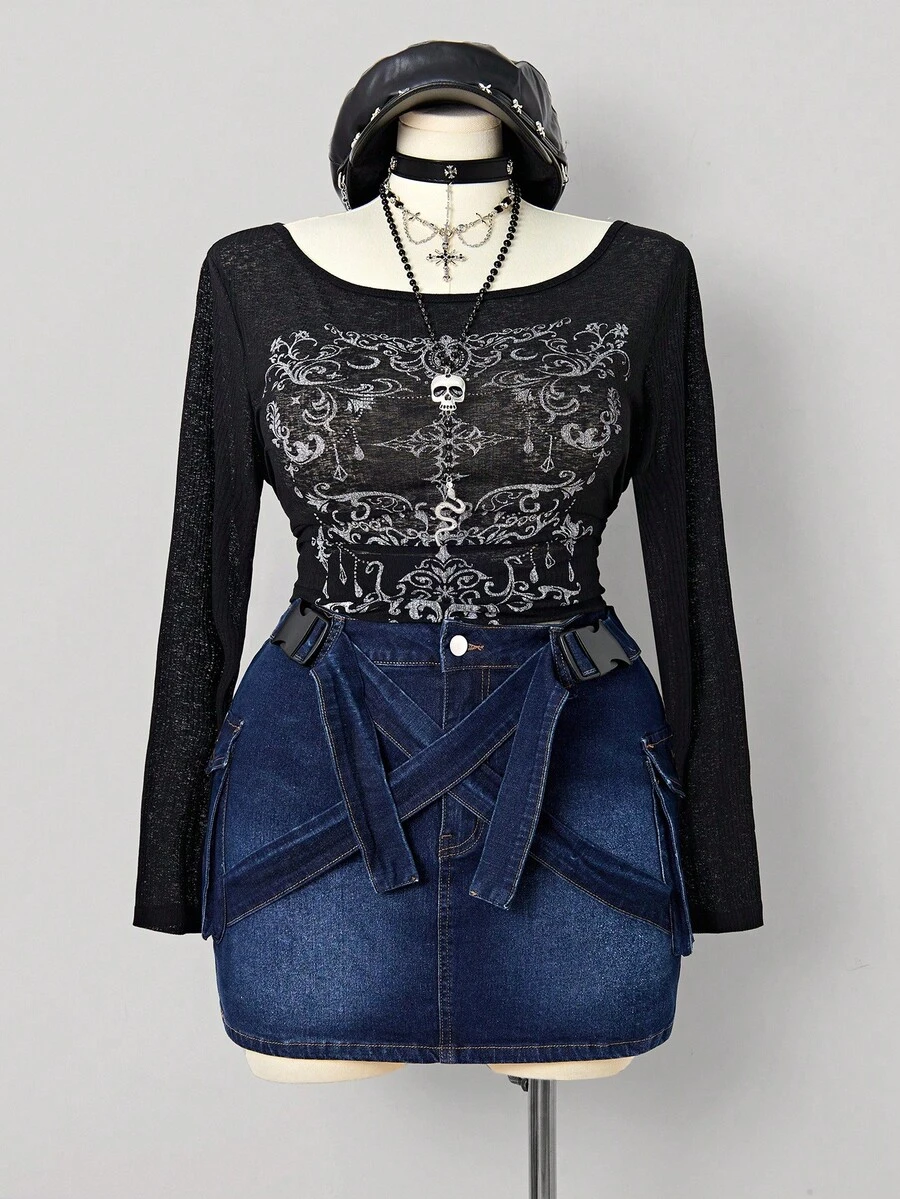 Sunspun Plus Size Women Cowgirl, Elastic Backpack Buckle Strap Sexy Mini Denim Skirt, Autumn - Dark Wash - View 1