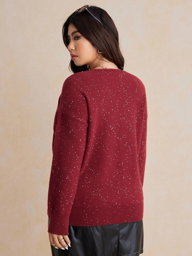 Dazy Plus Plus Size Women's Loose Fit Rhinestone & Sequin Bow Decor Red Christmas Sweater, Long Sleeve Pullover, Autumn/Winter,New Year