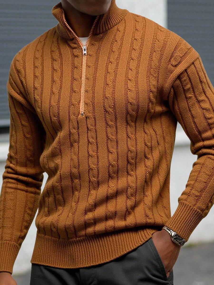 NEOSTRIT Sweater Kasual Rajut Kabel Ukuran Besar Pria, Model Seperempat Resleting, Musim Gugur/Musim Dingin, Lengan Panjang - Coklat - View 1