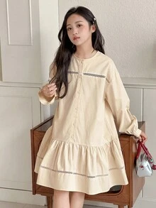 DAZY Tween Girls Round Neck Long Sleeve Woven Dress - Beige - View 6