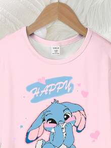 SHEIN 2 件套女童可爱蓝色图案印花粉色圆领长袖上衣和裤子针织面料舒适柔软高弹力紧身睡衣 - 彩色 - 查看 5