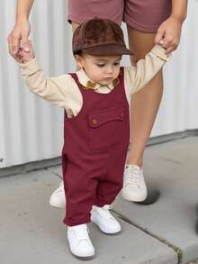SHEIN Casual Sports Cute & Dropped Shoulder Loose Baggy Pocket Bib Overall Pants, Suitable For Baby Boys & Girls, Autumn/Winter - Burgundy - View 2