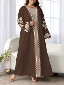 SHEIN Najma Plus Size Women's Floral Print Long Sleeve Casual Arabic Abaya Robe, Suitable For Spring And Autumn - Multicolor - View 5