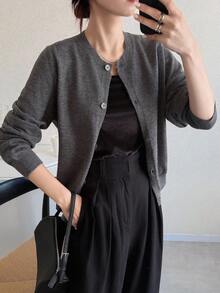 FRIFUL Áo khoác cardigan dệt kim dáng rộng màu xám đậm đơn giản dành cho nữ, đa năng cho mùa thu - Màu xám đen - Xem 4