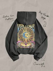 Tseoso Áo sweatshirt dáng rộng in hình mặt trời và chữ cái phong cách vintage, thoải mái cho nữ mùa thu/đông. - Màu xám đen - Xem 1