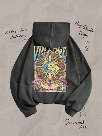 Tseoso Casual Vintage Sun & Letter Print Loose Fit Sweatshirt, Comfortable For Women In Fall/Winter