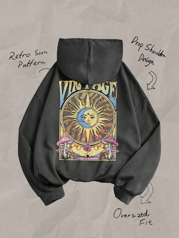 Tseoso Luźna bluza z kapturem w stylu vintage, z nadrukiem słońca i liter, wygodna dla kobiet jesienią i zimą