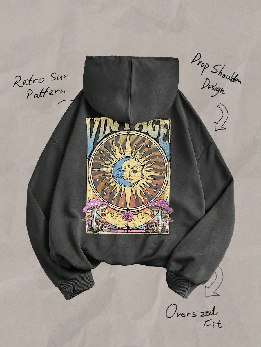 Tseoso Áo sweatshirt dáng rộng in hình mặt trời và chữ cái phong cách vintage, thoải mái cho nữ mùa thu/đông. - Màu xám đen - Xem 1