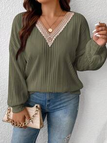 SHEIN Frenchy Áo thun cổ ren phối màu cỡ lớn, thường ngày, mùa thu - xanh quân đội - Xem 1