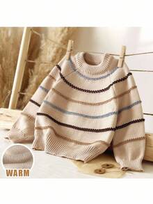 Loomiva 男婴彩色条纹圆领长袖套头毛衣，休闲百搭 - 杏色 - 查看 1