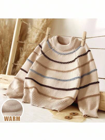 Loomiva 男婴彩色条纹圆领长袖套头毛衣，休闲百搭