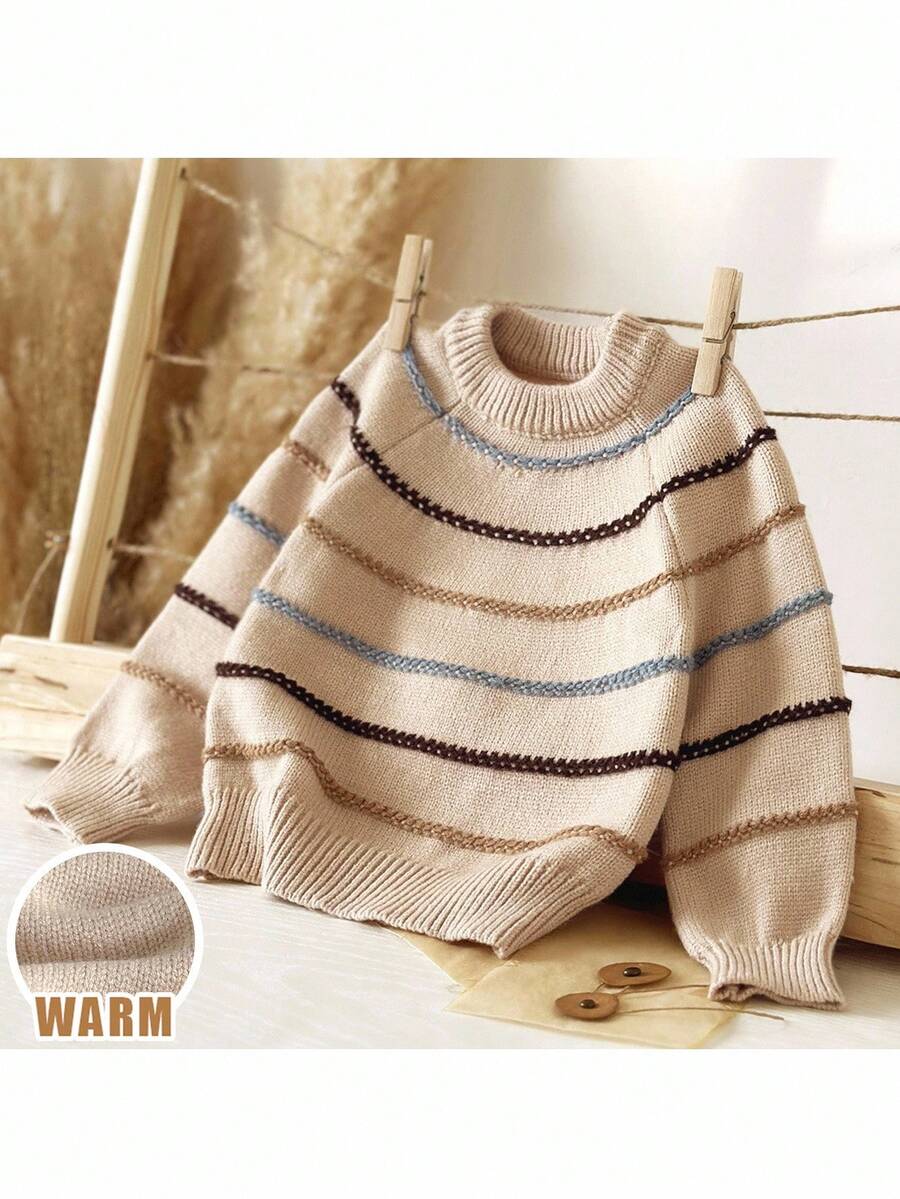 Loomiva 男婴彩色条纹圆领长袖套头毛衣，休闲百搭 - 杏色 - 查看 1