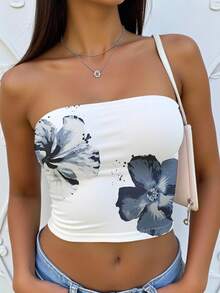 Sundraya 女式休闲简约花卉印花度假风紧身露肩上衣 - 彩色 - 查看 1