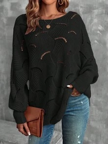 EMERY ROSE Áo len tay cánh dơi khoét lỗ màu trơn đơn giản, mùa thu/đông - màu đen - Xem 3