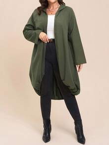 Comfylo 秋冬大码休闲纯色连帽夹克 - 軍綠色 - 查看 4