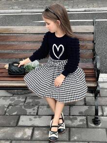SHEIN 小女孩心形印花T恤和格子腰带裙儿童格子裙儿童黑白连衣裙 - 黑色 - 查看 8