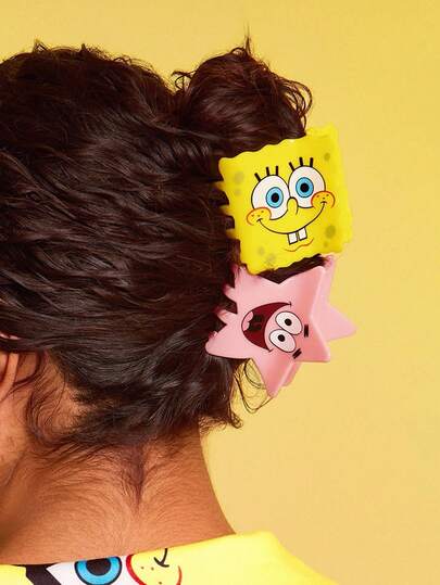 SpongeBob SquarePants | SHEIN 2 piezas Pinzas para el cabello con diseño de dibujos animados lindos, clips de cabello acrílicos adecuados para cabello medio o largo, apropiados para moños y peinados en el hogar y baño, en colores amarillo y rosa con forma de estrella de mar