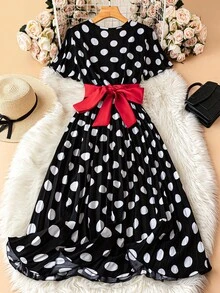 Trelyra Women Short Sleeve V-Neck Polka Dot Print Dress, Fashionable For Summer - Black - View 2