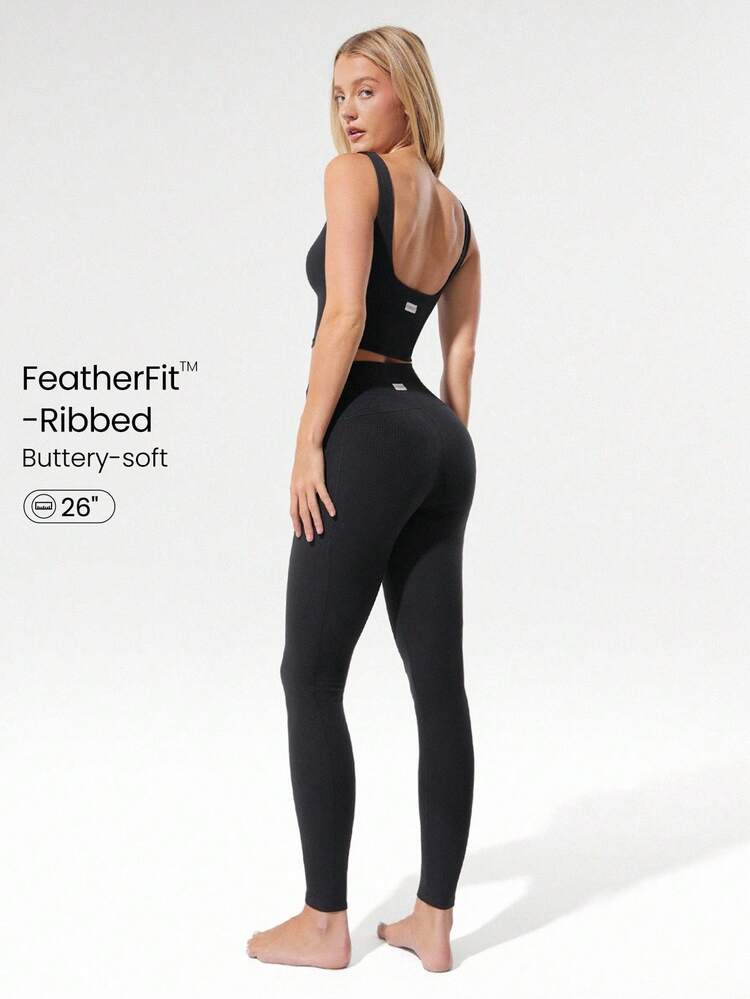 26" FeatherFit™-Ribbed No Front Seam Side Pockets High-Rise Waist Leggings Low Impact Yoga Pilates Studio Daily Casual Wear  Spring Summer