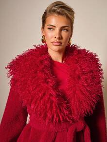 COSMINA 女士休闲纯色加厚保暖长袖仿皮草夹克，秋冬 - 紅色 - 查看 5