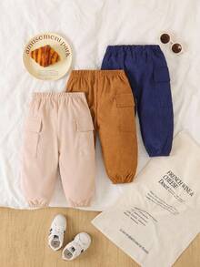 SHEIN Playful Pals 幼儿男童时尚工装裤，带口袋，纯色，简约百搭，舒适休闲慢跑裤，适合春秋季 - 彩色 - 查看 2