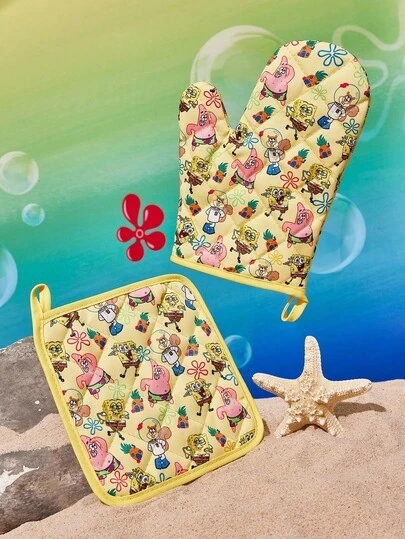 SpongeBob SquarePants | SHEIN Juego de aislamiento de cocina con gráficos de dibujos animados lindos, Guantes de horno/Agarradores de ollas, Esencial para hornear, Aísla el calor de manera efectiva, Accesorios de cocina antideslizantes, Regalos festivos de cocina amigables para la organización del hogar y la cocina
